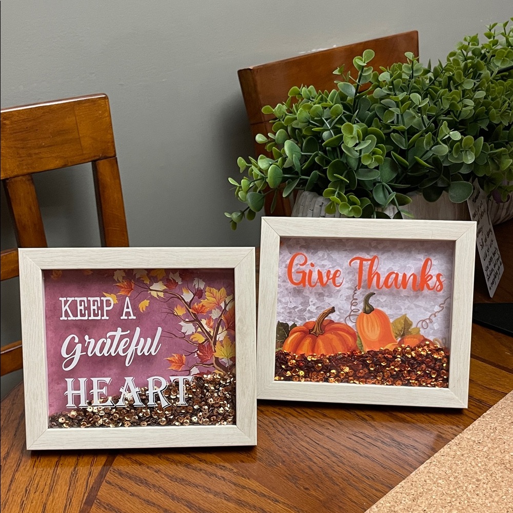 Autumn Themed Framed Art Harvest Sequin Filled Shadow Box Frame wt Stand